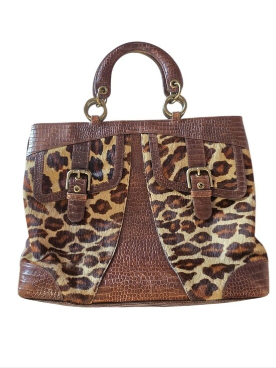 Isabella Fiore Handbags - Isabella Fiore Brown Leopard Cowhide Fur Top-Handle Tote Luxury Animal Print Bag